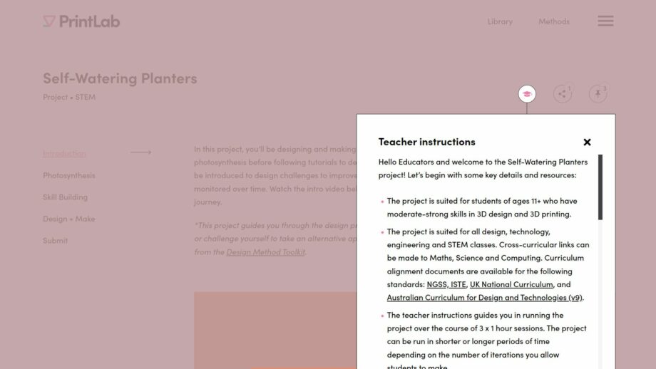 A website screen showing the teacher instructions pop down menu from PrintLab's self-watering planter project.