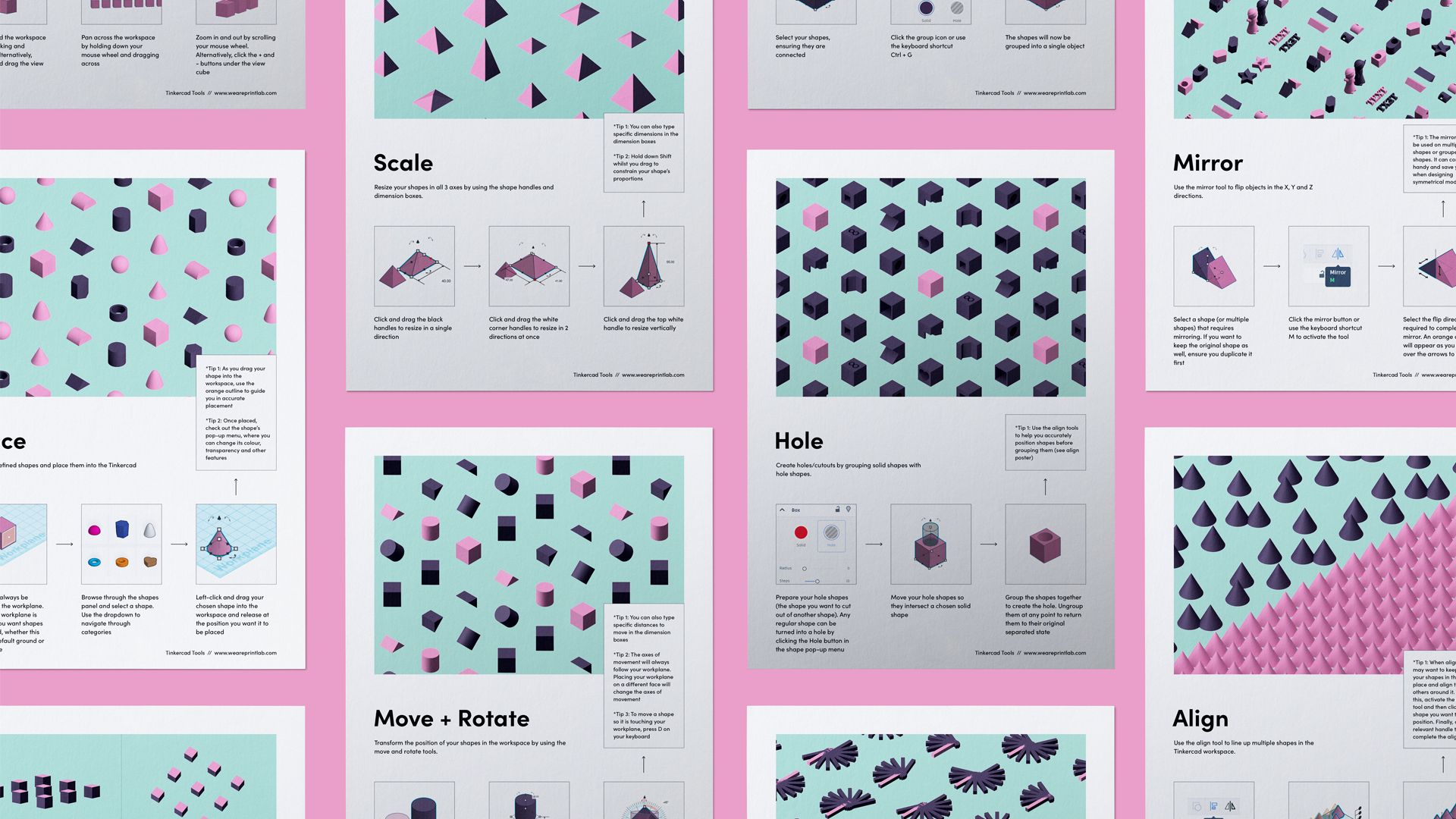 Nine informative posters, each highlighting a different 3D design tool in Tinkercad.